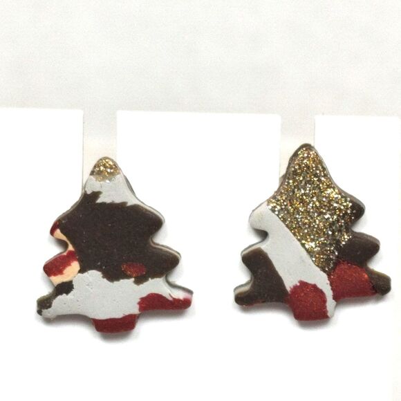 Holiday Christmas Tree Stud Post Earrings Multicolor Camo Gold Glitter Seasonal - Picture 2 of 13